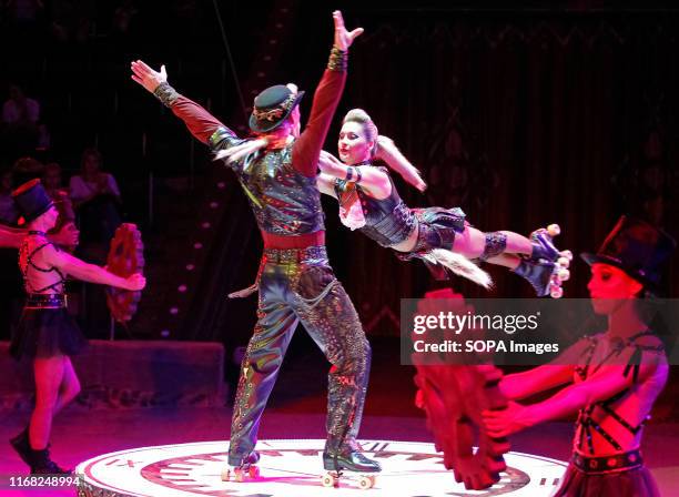 Artists perform during the presentation of the new fantasy steampunk circus show 'Pendulum of Time' at the Ukrainian National Circus in Kiev,...