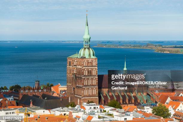 nikolaikirche and old town, view from the tower of st. mary's church, stralsund, mecklenburg-western pomerania, germany - stralsund stock pictures, royalty-free photos & images