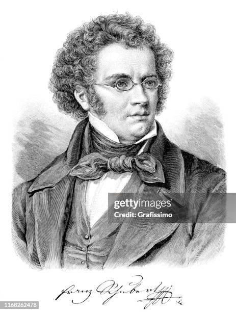 ilustraciones, imágenes clip art, dibujos animados e iconos de stock de grabado del compositor franz schubert con firma de 1897 - compositor