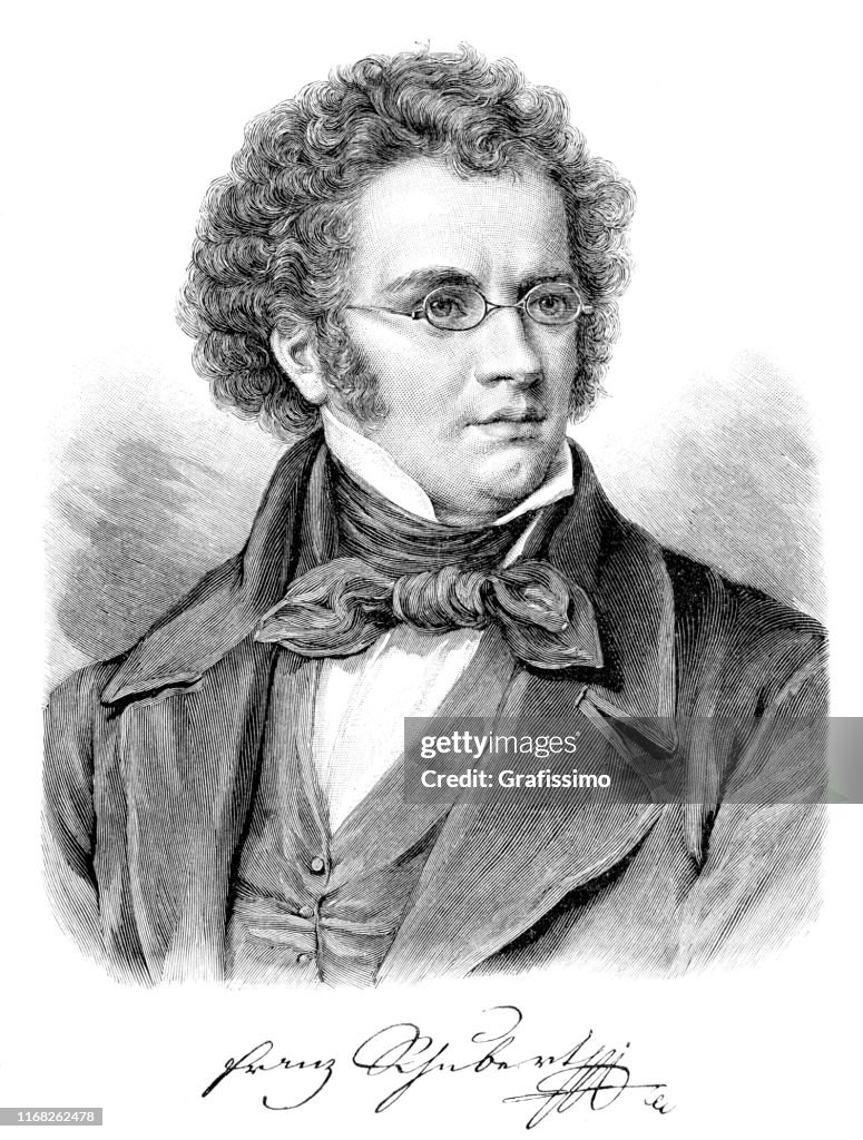 Engraving of composer Franz Schubert with signature from 1897