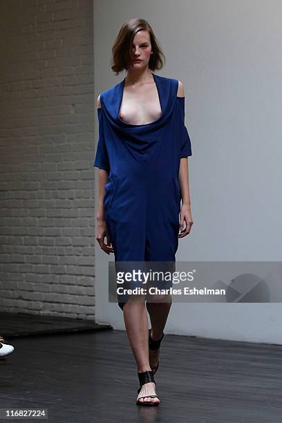 Model walks the runway at the Zero + Maria Cornejo Spring 2010 during Mercedes-Benz Fashion Week at the Hosfelt Gallery on September 14, 2009 in New...