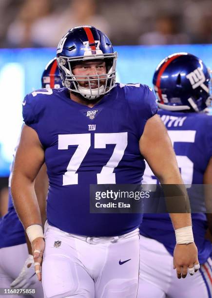 Spencer Pulley of the New York Giants takes the field during a preseason game against the New York Jets at MetLife Stadium on August 08, 2019 in East...