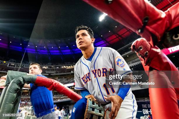 Ruben Tejada of the New York Mets leaves the dugout during the game against the Atlanta Braves at SunTrust Park on August 14, 2019 in Atlanta,...