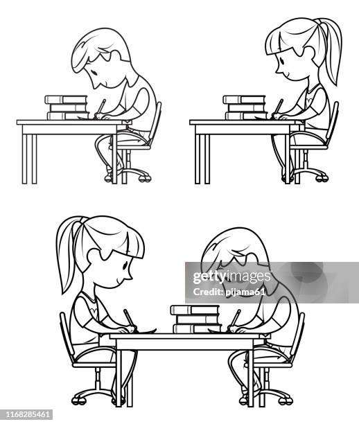 ilustrações de stock, clip art, desenhos animados e ícones de black and white kids working on homework - jovens estudando