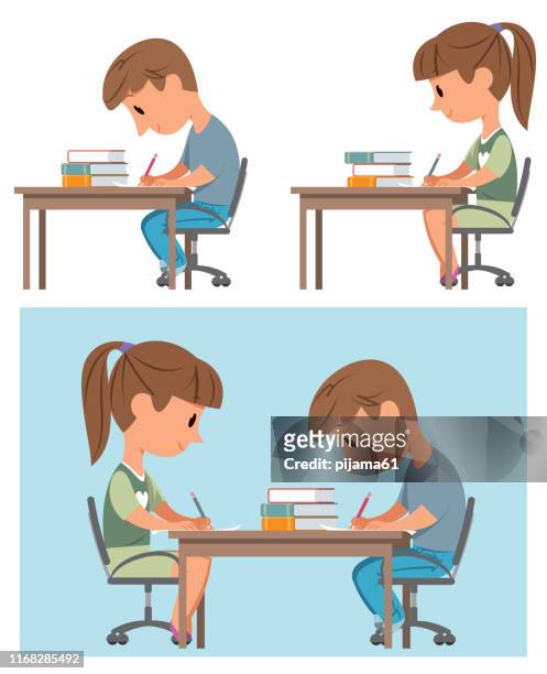 kids working on homework - answering stock illustrations