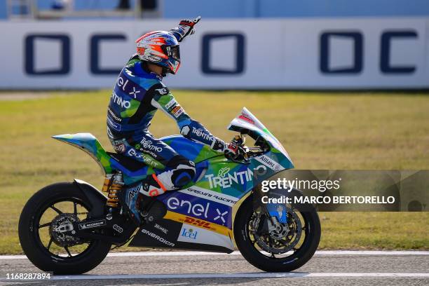 Trentino Gresini MotoE, Italian rider Matteo Ferrari celebrates after winning the San Marino MotoE Grand Prix race at the Misano World Circuit Marco...