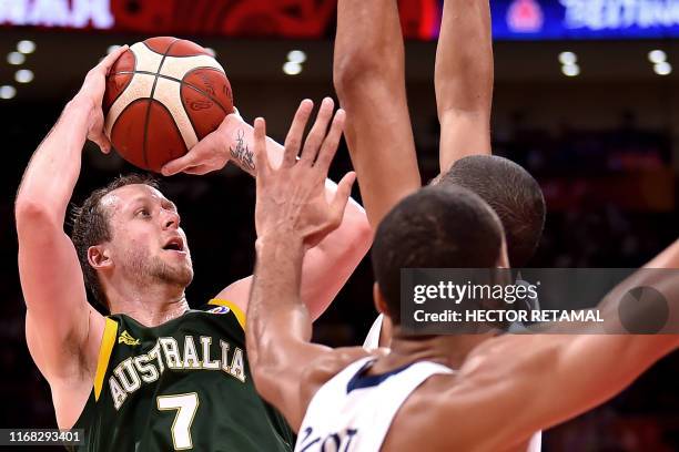 Australia's Joe Ingles takes a shot during the Basketball World Cup third place game between France and Australia in Beijing on September 15, 2019.
