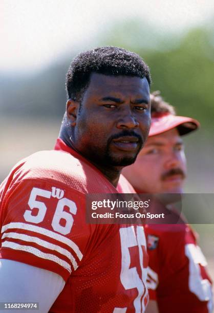 Chris Doleman of the San Francisco 49ers looks on during an NFL football game circa 1996 at Candlestick Park in San Francisco, California. Doleman...