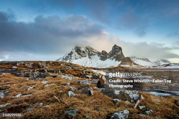 iceland's stokksnes mountains in winter with snow and rocks in foreground with blue sky - toendra stockfoto's en -beelden