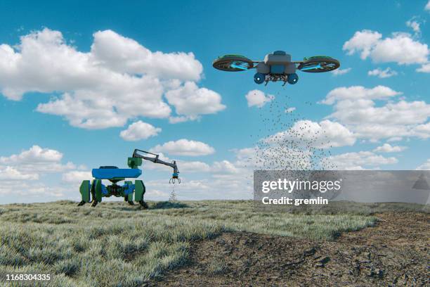 futuristic agricultural machinery - drone agriculture stock pictures, royalty-free photos & images