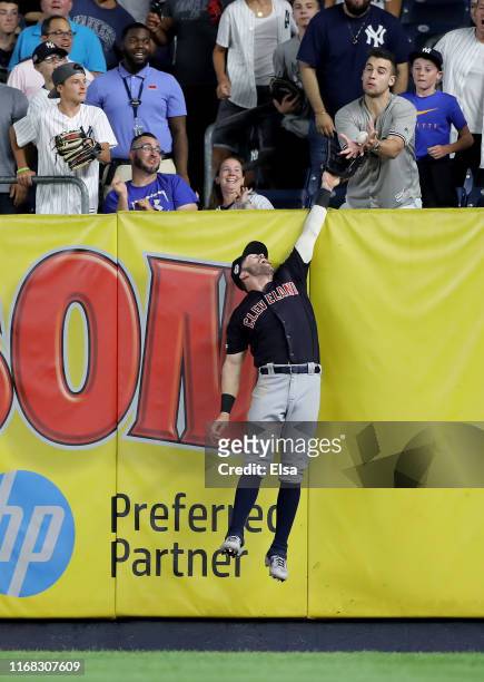Tyler Naquin of the Cleveland Indians is unable to catch a home run hit by Gleyber Torres of the New York Yankees in the eighth inning at Yankee...