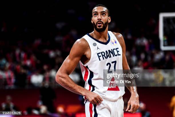 Rudy Gobert of France reacts during the 3rd place games between France and Australia of 2019 FIBA World Cup at the Cadillac Arena on September 15,...