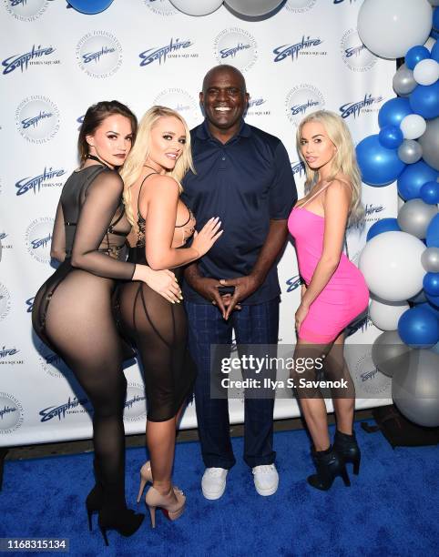 Tori Black, Victoria June, Lawrence Taylor and Alexis Monroe attend Sapphire Gentlemen's Club Debuts New Times Square Location on August 15, 2019 in...