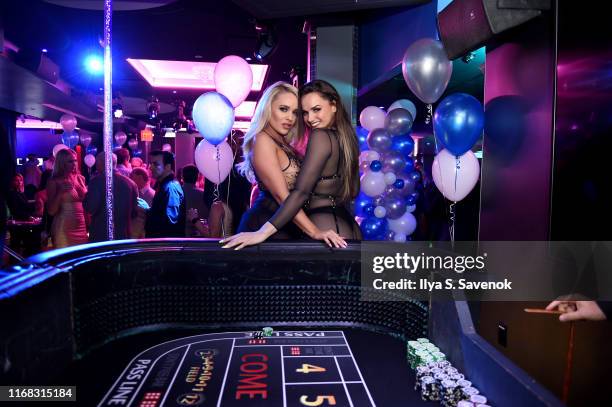 Tori Black and Alexis Monroe pose during Sapphire Gentlemen's Club Debuts New Times Square Location on August 15, 2019 in New York City.