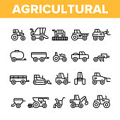 Agricultural Heavy Machinery Vector Linear Icons Set