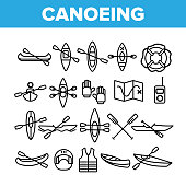 Canoeing, Active Rest Vector Thin Line Icons Set