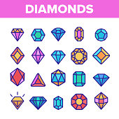 Diamonds, Gems Vector Thin Line Icons Set