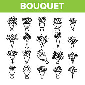 Bouquets, Bunches Of Flowers Vector Icons Set