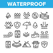 Waterproof, Water Resistant Materials Vector Linear Icons Set