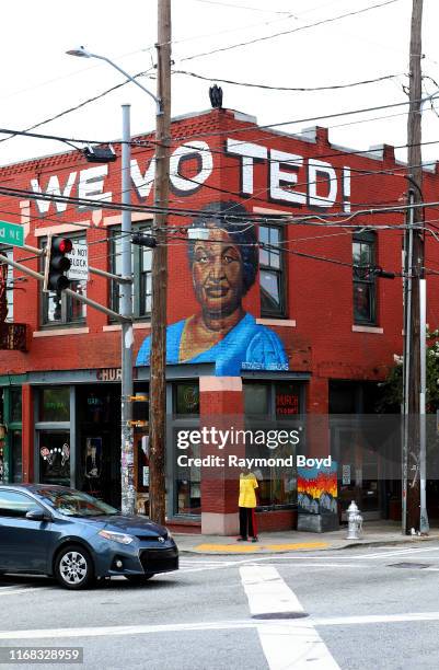 Fabian 'Occasional Superstar' Williams' mural of Stacey Abrams is displayed in the Old Fourth Ward neighborhood in Atlanta, Georgia on July 27, 2019....