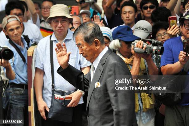 Former Tokyo Metropolitan Governor Shintaro Ishihara visits Yasukuni Shrine on the 74th anniversary of Japan's surrender in World War II on August...