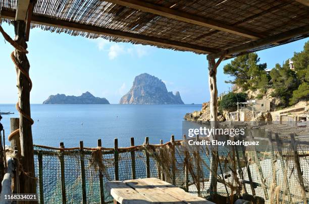 cala d'hort (isla vedra, isla vedranell), ibiza - fishing hut stock pictures, royalty-free photos & images