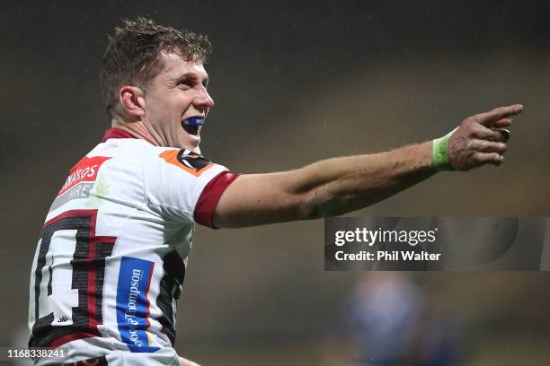 Matt Duffie of North Habou celebrates a try during the round 2 Mitre 10 Cup match between North Harbour and Counties Manukau at QBE Stadium on August...