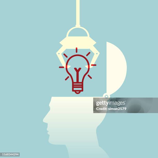 machine claw stealing light bulb idea from a human head - robot claw stock illustrations