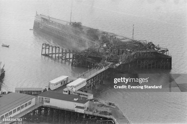 The Southend Pier damaged after a fire, UK, 30th July 1976.