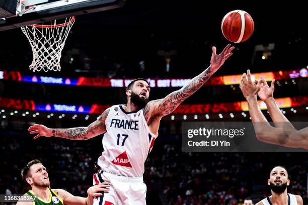 Vincent Poirier of France gets a rebound during the 3rd place games between France and Australia of 2019 FIBA World Cup at the Cadillac Arena on...