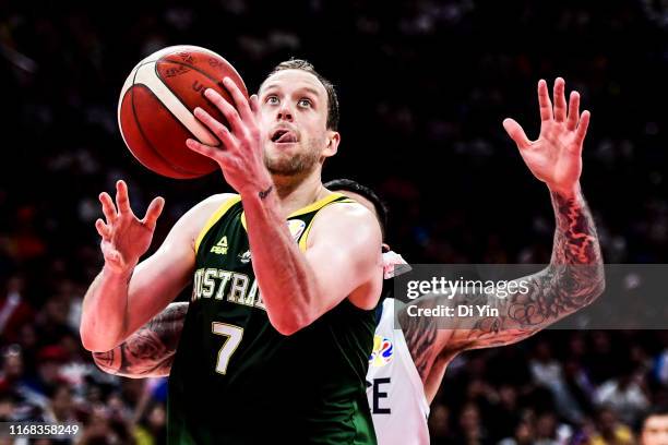 Joe Ingles of Australia shoots during the 3rd place games between France and Australia of 2019 FIBA World Cup at the Cadillac Arena on September 15,...