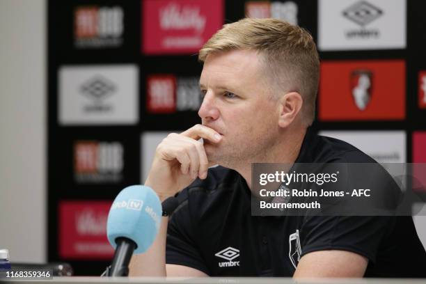 Manager Eddie Howe of Bournemouth during a press conference at Vitality Stadium on August 16, 2019 in Bournemouth, England.