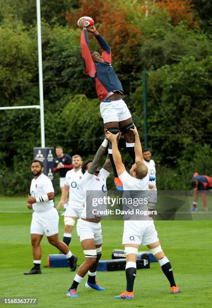 Maro Itoje catches the lineout ball during the England captain's run held at Clifton College on August 16, 2019 in Bristol, England.