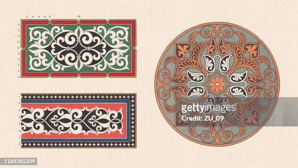 neo-moorish and neo-arabic ornaments, chromolithograph, published in 1881 - arabic style stock illustrations