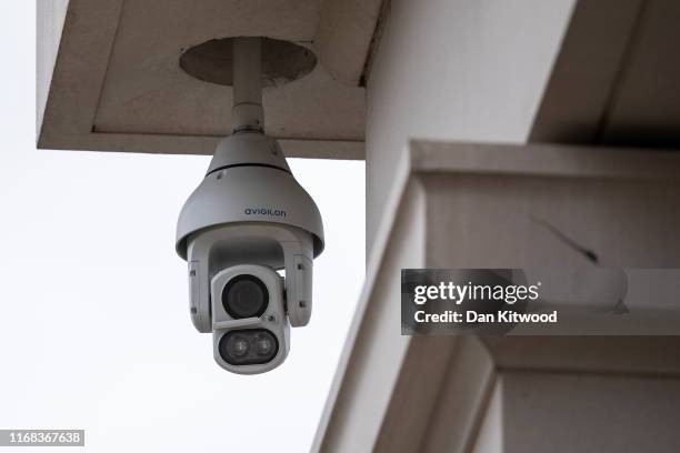 Camera in Pancras Square near Kings Cross Station on August 16, 2019 in London, England. CCTV cameras using facial-recognition systems at King's...