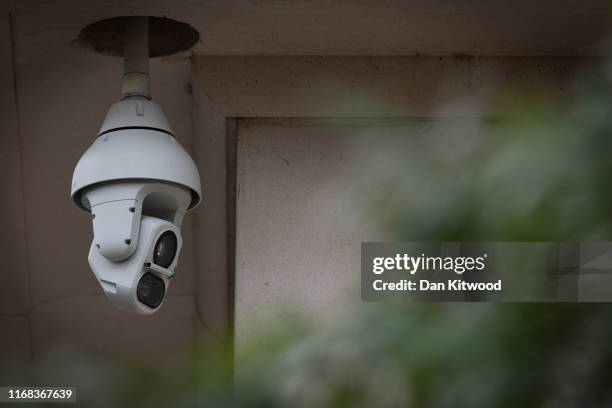 Camera in Pancras Square near Kings Cross Station on August 16, 2019 in London, England. CCTV cameras using facial-recognition systems at King's...