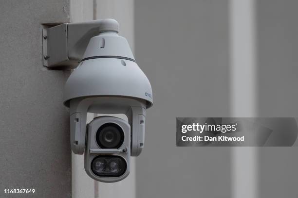 Camera in Pancras Square near Kings Cross Station on August 16, 2019 in London, England. CCTV cameras using facial-recognition systems at King's...