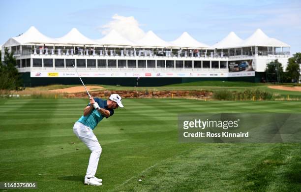 Matthew Nixon of England plays his second shot on the par four 18th hole during the second round of the D+D Real Czech Masters at Albatross Golf...