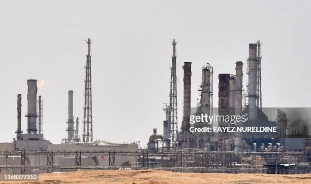 Picture taken on September 15, 2019 shows an Aramco oil facility near al-Khurj area, just south of the Saudi capital Riyadh. - Saudi Arabia raced...
