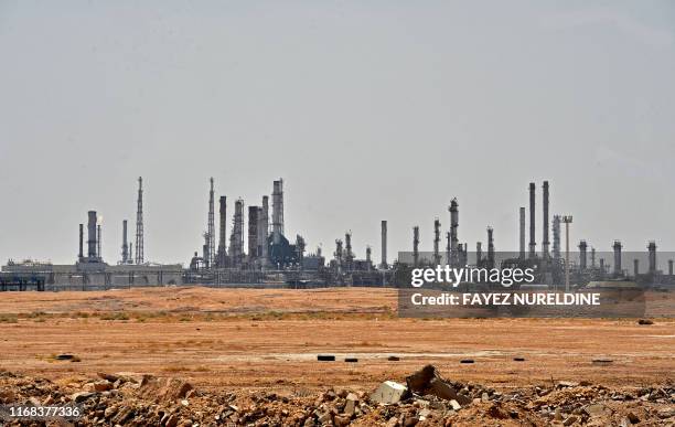 Picture taken on September 15, 2019 shows an Aramco oil facility near al-Khurj area, just south of the Saudi capital Riyadh. Saudi Arabia raced today...