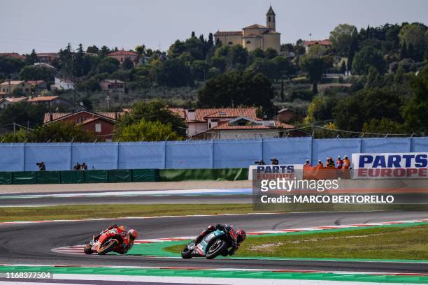 Petronas Yamaha SRT French rider, Fabio Quartararo and Repsol Honda Team Spanish rider, Marc Marquez compete during the San Marino MotoGP Grand Prix...