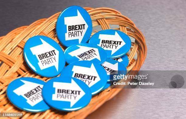 In this photo illustration, a basket of BrexitParty badges photographed on August 8, 2019 in London.