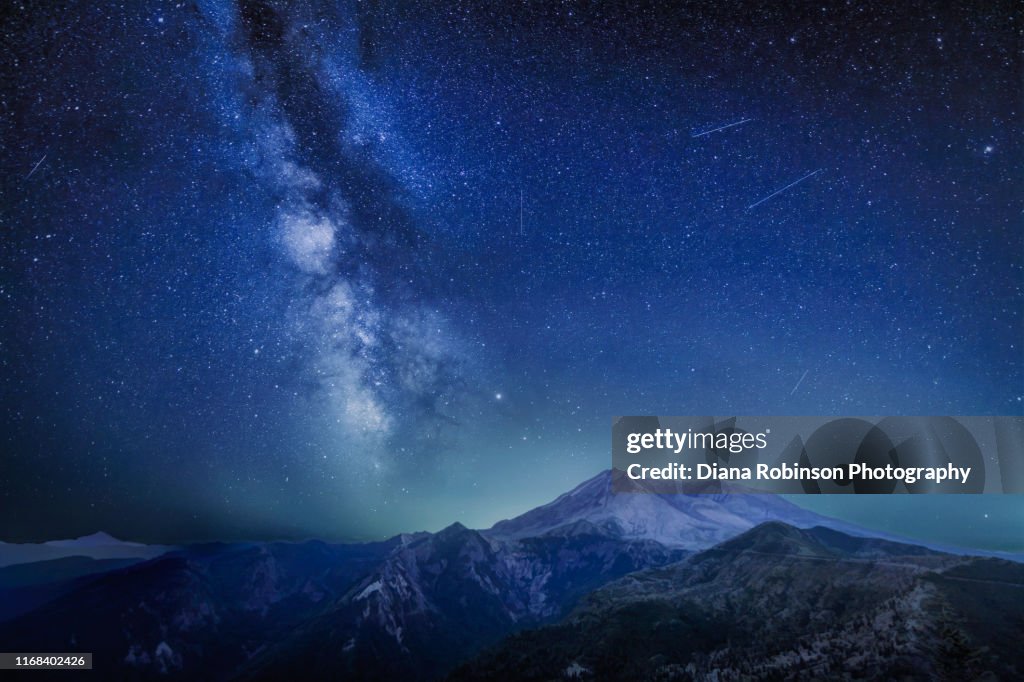 The Delta Aquariids meteor shower and Milky Way over Mount St. Helens, at Windy Ridge in Washington State