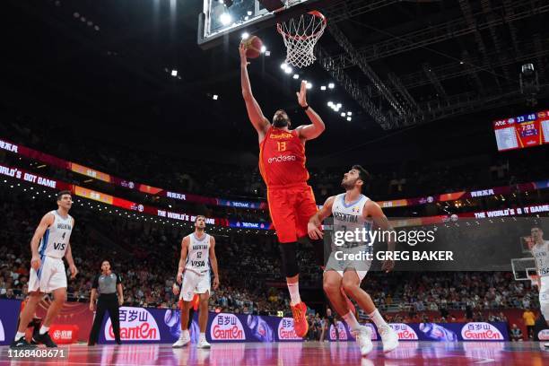 Spain's Marc Gasol goes to the basket next to Argentina's Facundo Campazzo during the Basketball World Cup final game between Argentina and Spain in...