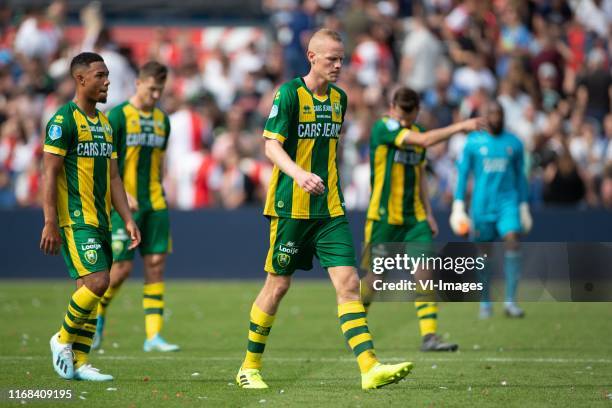 Milan van Ewijk of ADO Den Haag, Tom Beugelsdijk of ADO Den Haag during the Dutch Eredivisie match between Feyenoord Rotterdam and ADO Den Haag at De...