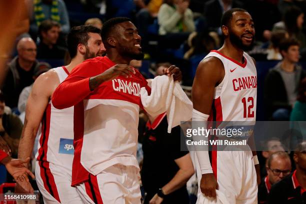 Duane Notice of Canada Basketball celebrates after the teams win during the International Basketball Friendly match between Australian Boomers and...
