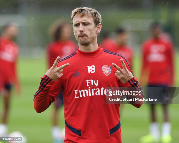 Nacho Monreal of Arsenal during a training session at London Colney on August 16, 2019 in St Albans, England.