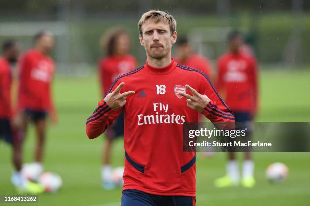 Nacho Monreal of Arsenal during a training session at London Colney on August 16, 2019 in St Albans, England.