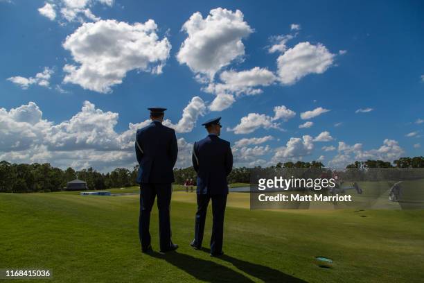 Two Air Force color guard stand vigil over the 18th hole of the Concession Golf Club in Bradenton, Florida on Memorial Day play of the Division I...