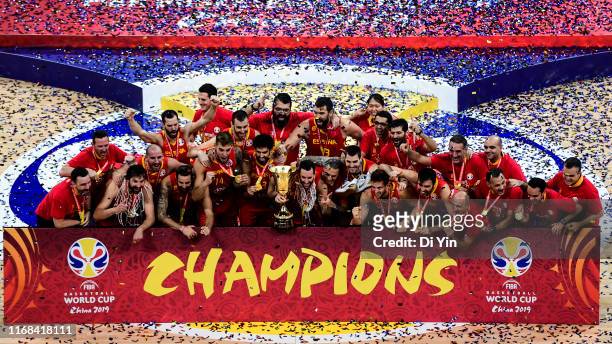 Team Spain celebrate after win the finals between Argentina and Spain of 2019 FIBA World Cup at the Cadillac Arena on September 15, 2019 in Beijing,...